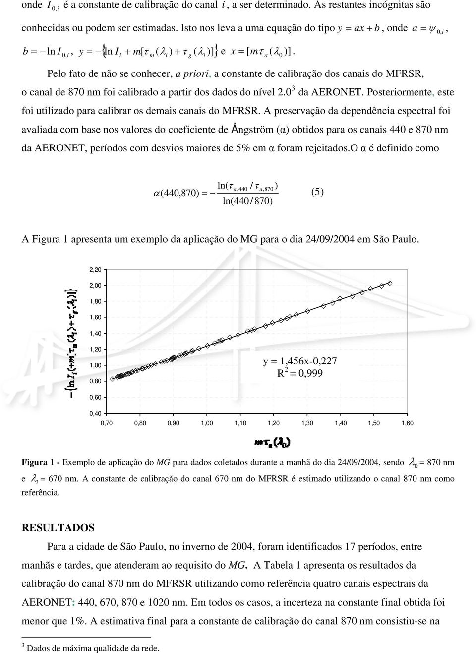 b, m g Pelo fato de não se conhecer, a pror, a constante de calbração dos canas do MFRSR, o canal de 87 nm fo calbrado a partr dos dados do nível 2. 3 da AERONET.