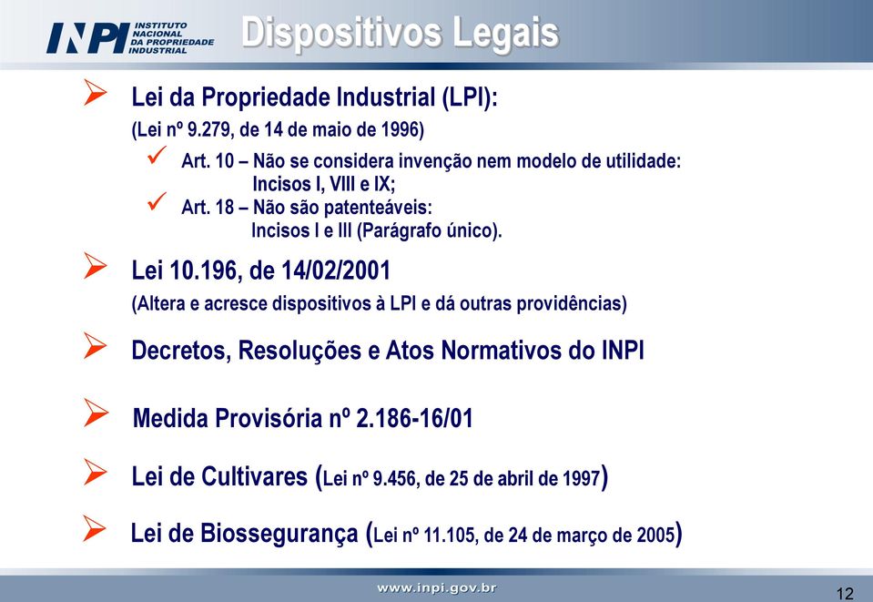 18 Não são patenteáveis: Incisos I e III (Parágrafo único). Lei 10.