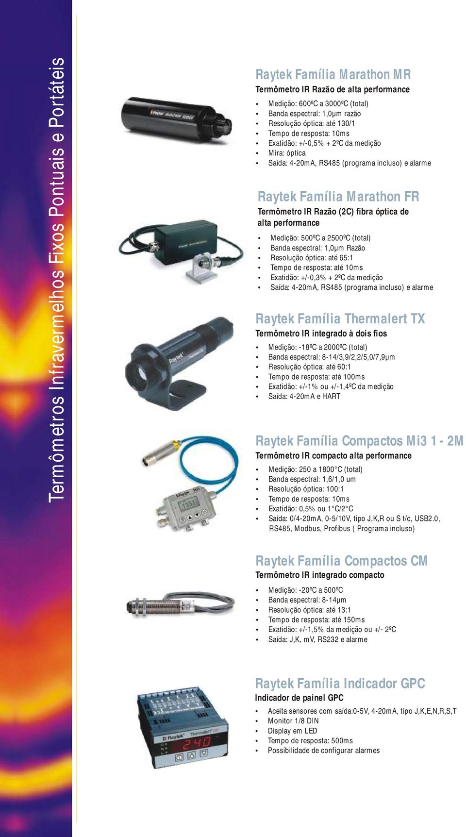 500º C a 2500º Banda espectral: 1,0µ Razão Resolução óptica: até 65:1 Tepo de resposta: até 10s Exatidão: +/-0,3% + 2ºC da edição Saída: 4-20A, RS485 (prograa incluso) e alare Raytek Faília Theralert
