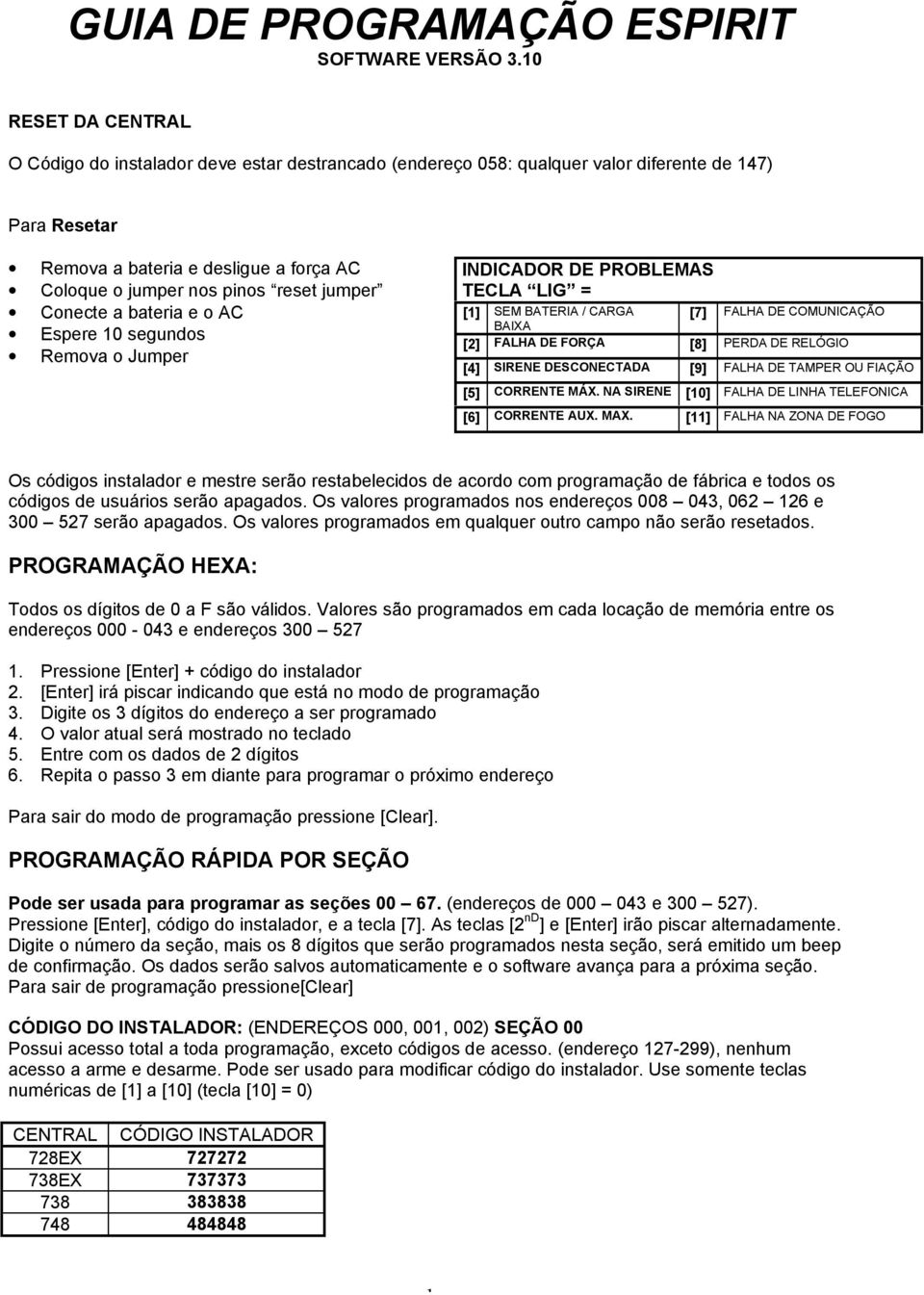 jumper Conecte a bateria e o AC Espere 10 segundos Remova o Jumper INDICADOR DE PROBLEMAS TECLA LIG = [1] SEM BATERIA / CARGA BAIXA [7] FALHA DE COMUNICAÇÃO [2] FALHA DE FORÇA [8] PERDA DE RELÓGIO