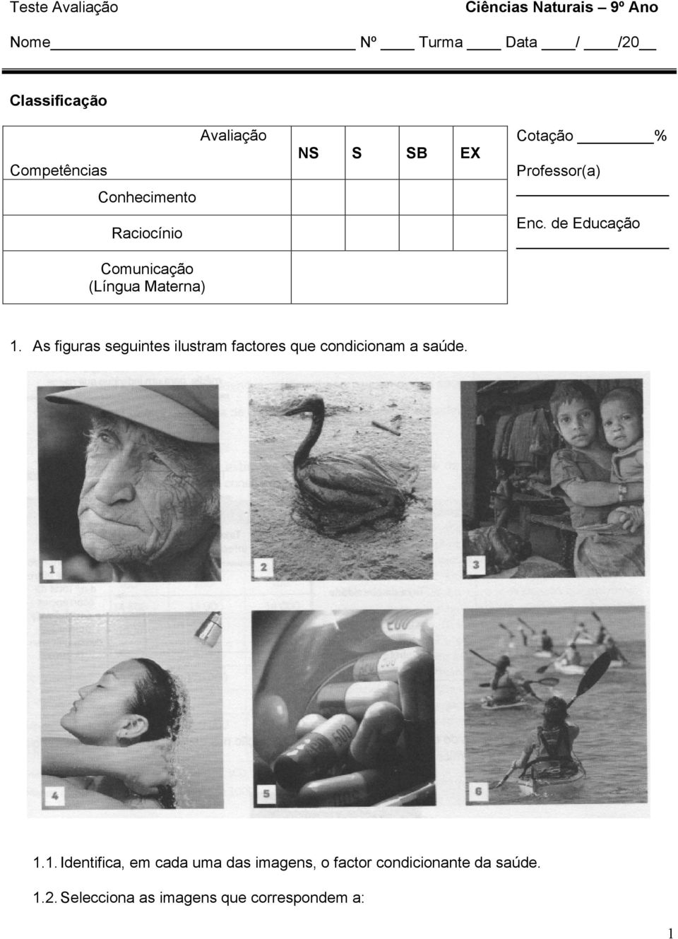 Enc. de Educação 1. As figuras seguintes ilustram factores que condicionam a saúde. 1.1. Identifica, em cada uma das imagens, o factor condicionante da saúde.