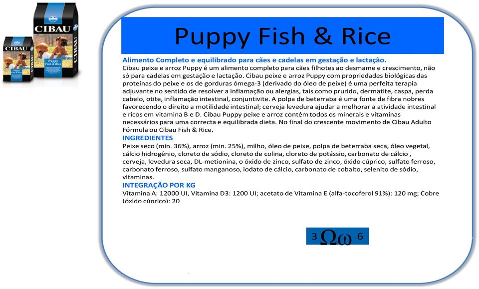 Cibau peixe e arroz Puppy com propriedades biológicas das proteínas do peixe e os de gorduras ómega-3 (derivado do óleo de peixe) é uma perfeita terapia adjuvante no sentido de resolver a inflamação