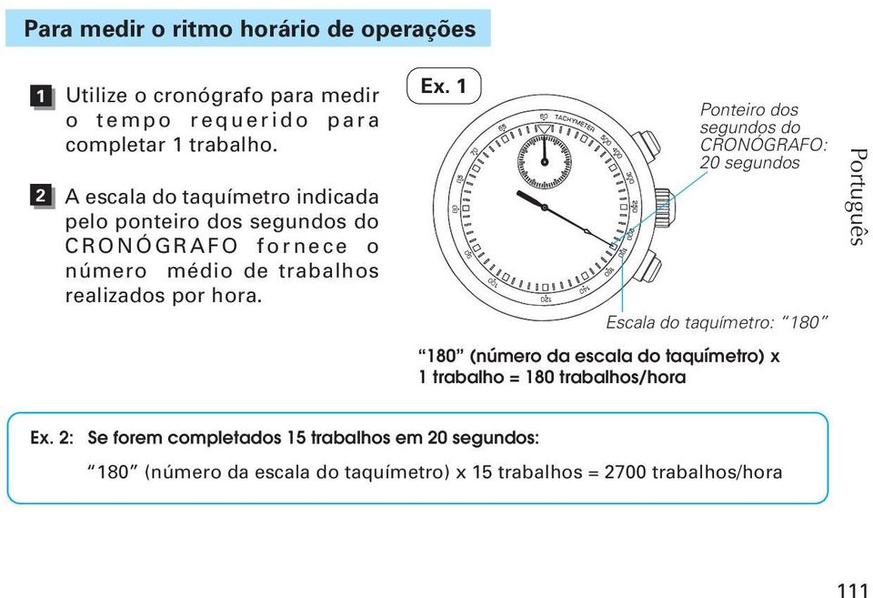 1 Ponteiro dos segundos do CRONÓGRFO: 20 segundos Escala do taquímetro: 180 180 (número da escala do taquímetro) x 1 trabalho = 180