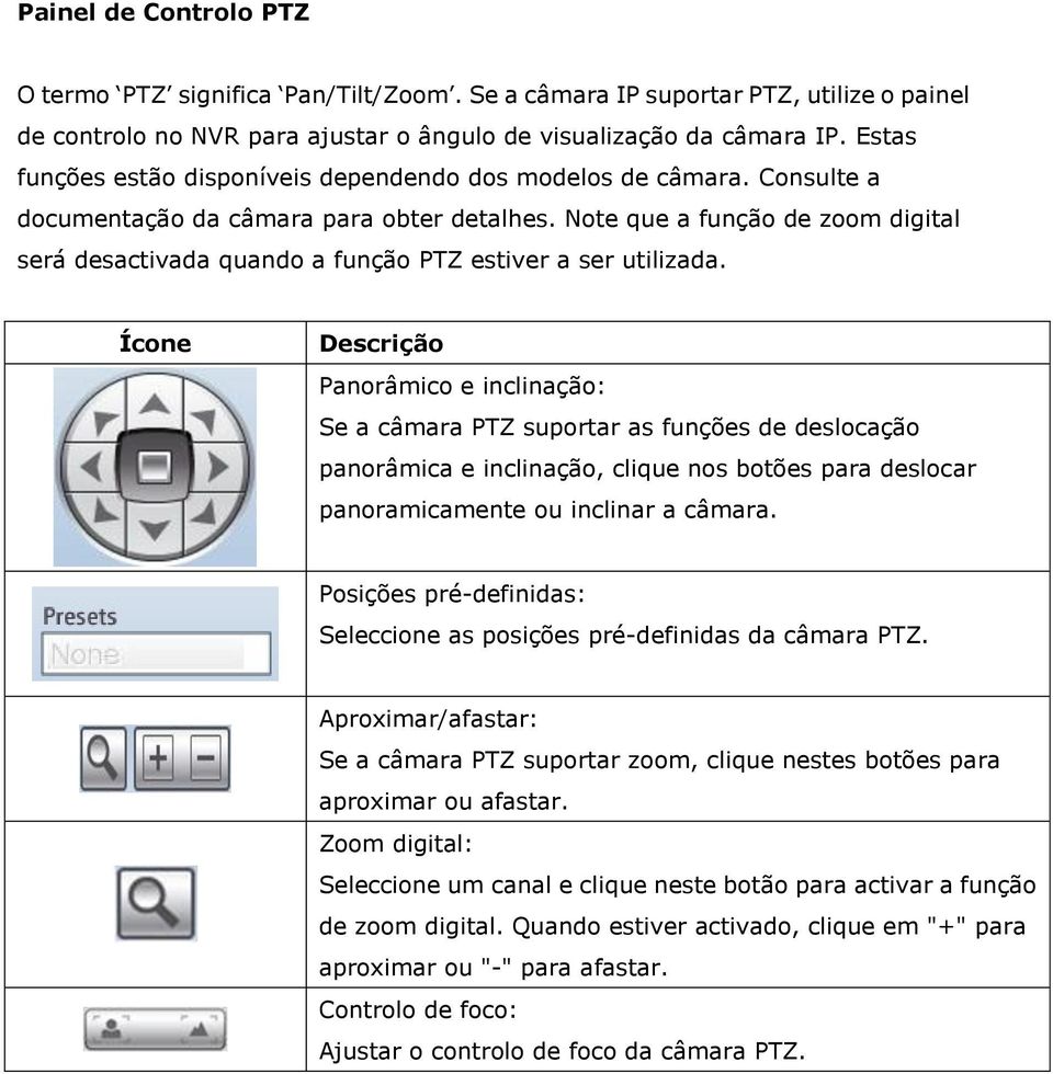 Note que a função de zoom digital será desactivada quando a função PTZ estiver a ser utilizada.