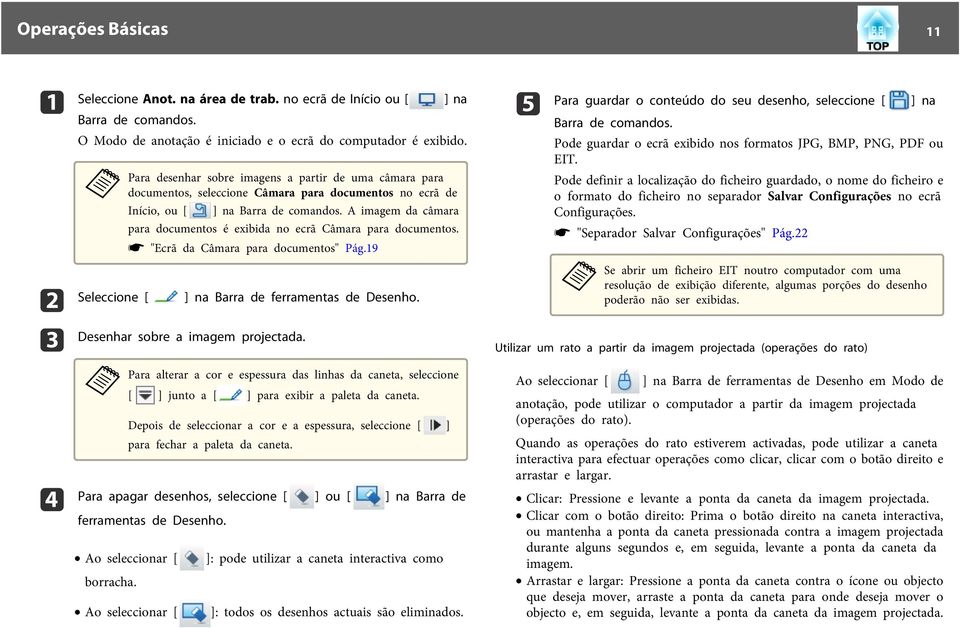 s "Ecrã d Câmr pr documentos" Pág.19 b Seleccione [ c d ] n Brr de ferrments de Desenho. Desenhr sobre imgem projectd.