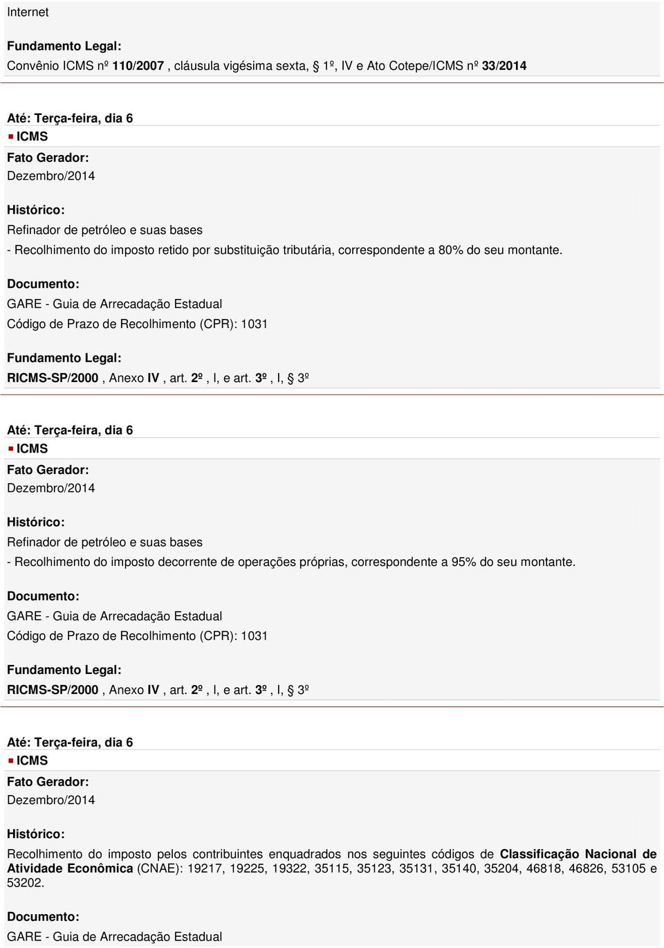 3º, I, 3º Até: Terça-feira, dia 6 Refinador de petróleo e suas bases - Recolhimento do imposto decorrente de operações próprias, correspondente a 95% do seu montante.