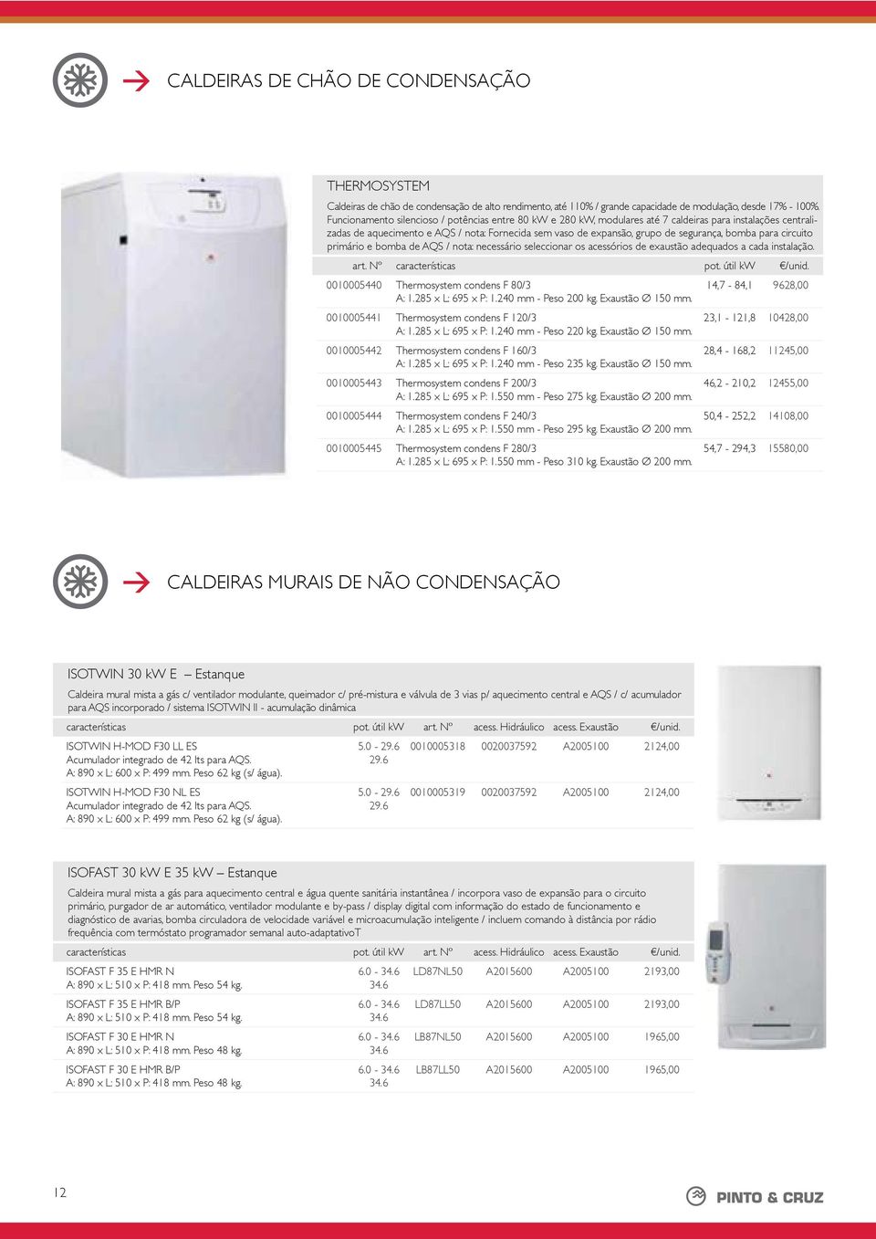 Nº características pot. útil kw /unid. 0010005440 Thermosystem condens F 80/3 A: 1.285 x L: 695 x P: 1.240 mm - Peso 200 kg. Exaustão Ø 150 mm. 0010005441 Thermosystem condens F 120/3 A: 1.