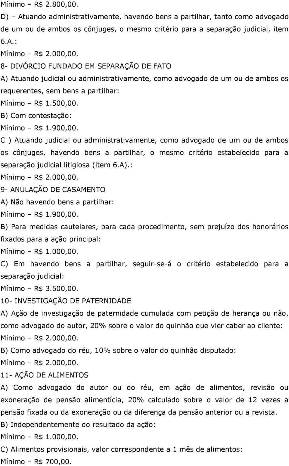 : 8- DIVÓRCIO FUNDADO EM SEPARAÇÃO DE FATO A) Atuando judicial ou administrativamente, como advogado de um ou de ambos os requerentes, sem bens a partilhar: B) Com contestação: Mínimo R$ 1.900,00.