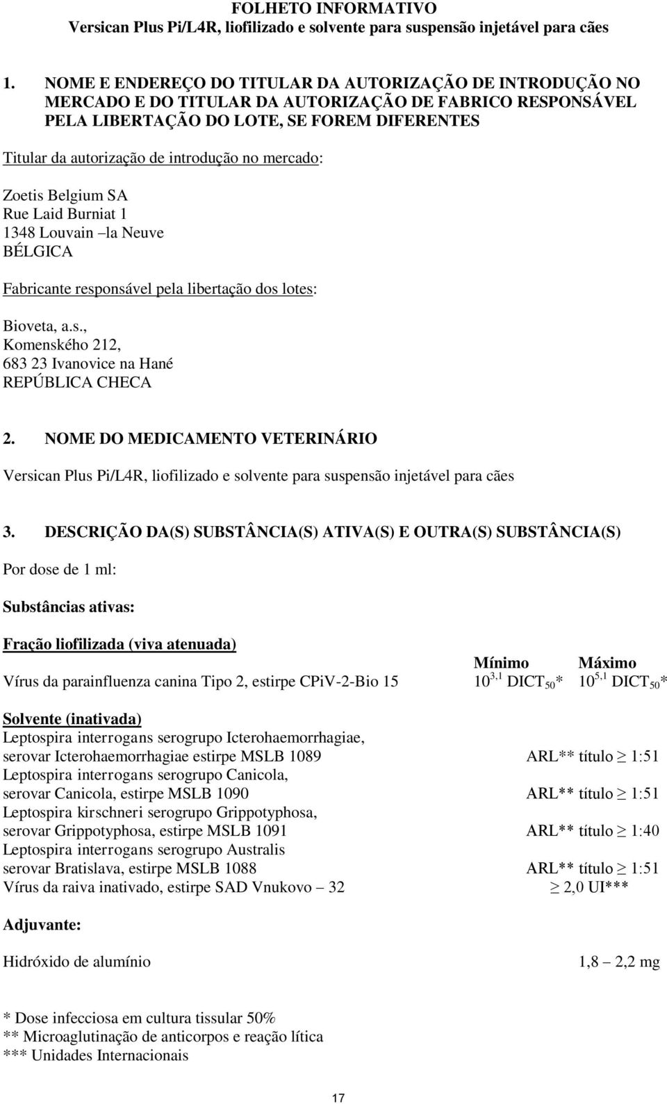 no mercado: Zoetis Belgium SA Rue Laid Burniat 1 1348 Louvain la Neuve BÉLGICA Fabricante responsável pela libertação dos lotes: Bioveta, a.s., Komenského 212, 683 23 Ivanovice na Hané REPÚBLICA CHECA 2.