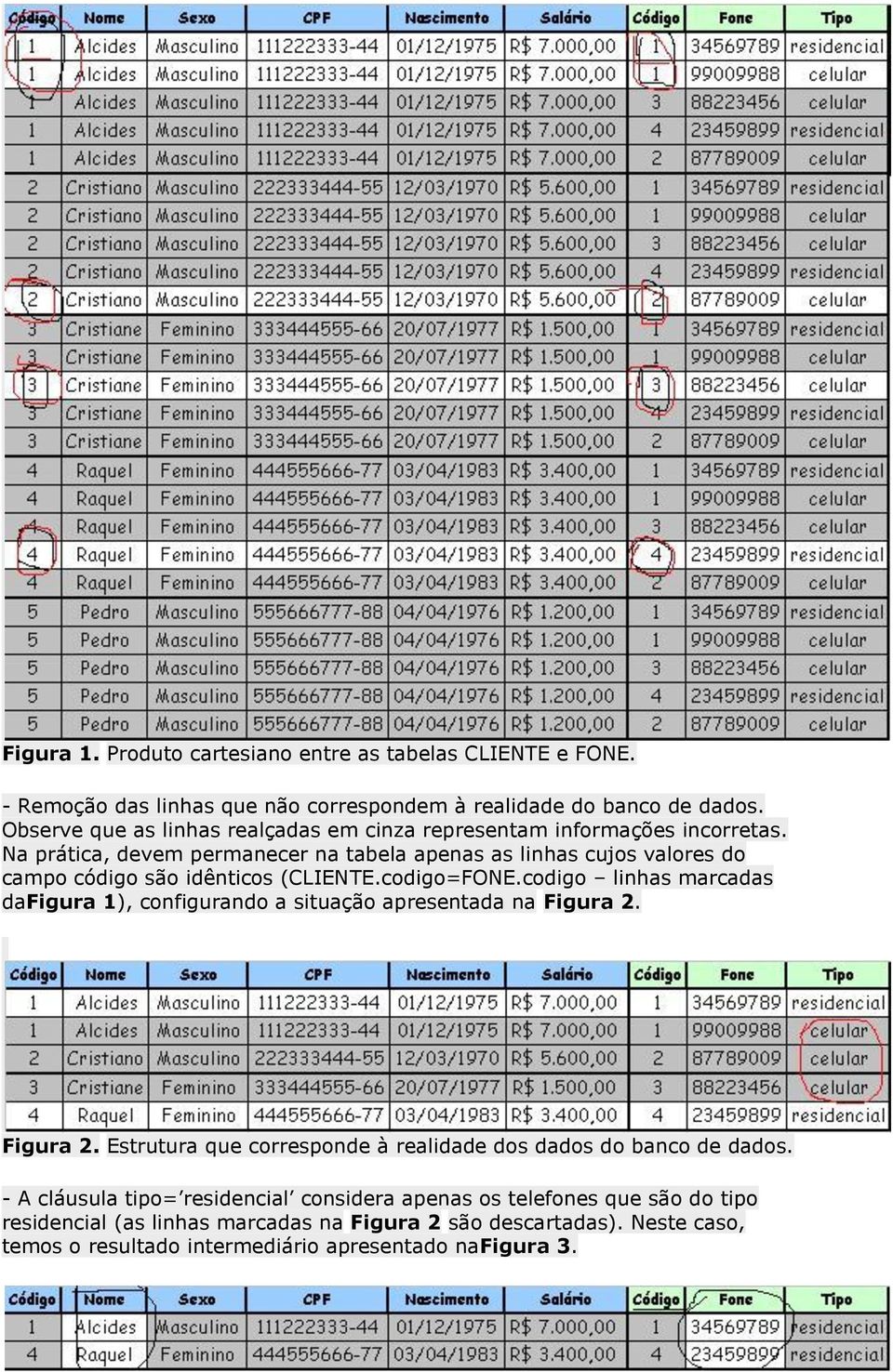 Na prática, devem permanecer na tabela apenas as linhas cujos valores do campo código são idênticos (CLIENTE.codigo=FONE.