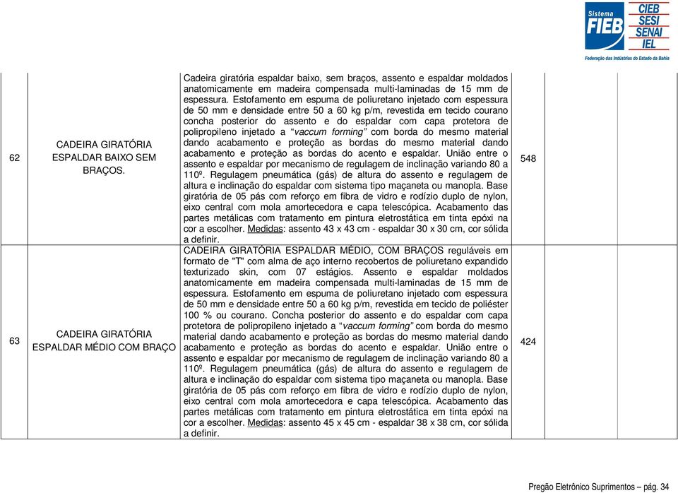 Estofamento em espuma de poliuretano injetado com espessura de 50 mm e densidade entre 50 a 60 kg p/m, revestida em tecido courano concha posterior do assento e do espaldar com capa protetora de