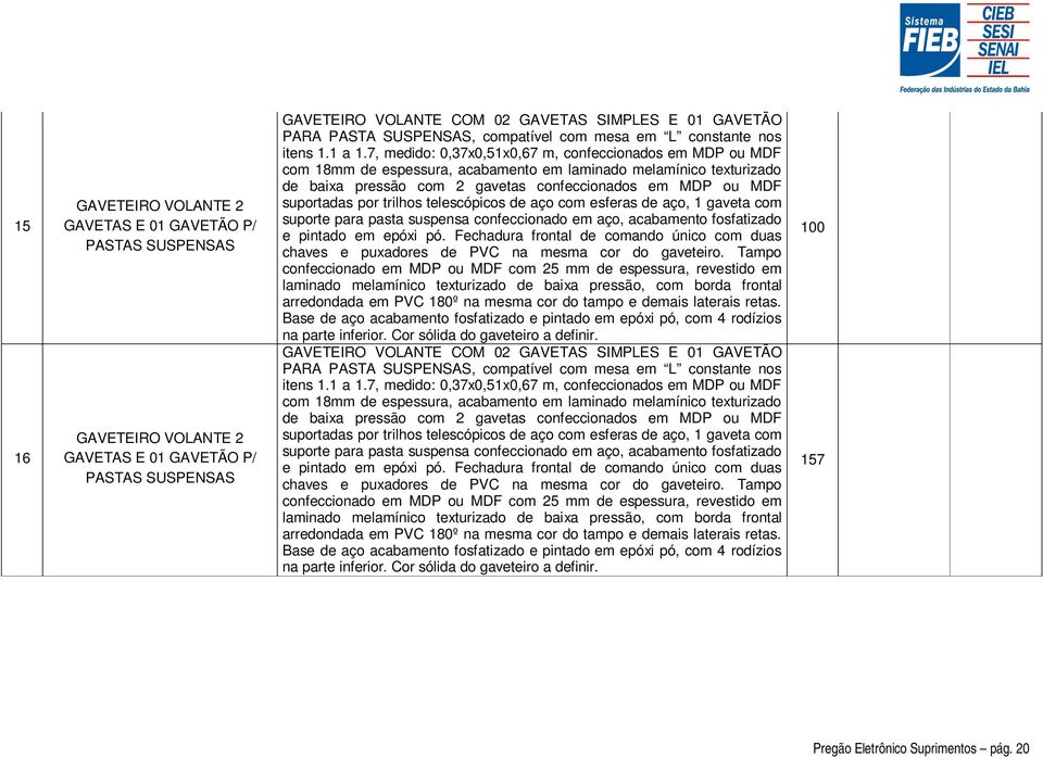 7, medido: 0,37x0,51x0,67 m, confeccionados em MDP ou MDF com 18mm de espessura, acabamento em laminado melamínico texturizado de baixa pressão com 2 gavetas confeccionados em MDP ou MDF suportadas