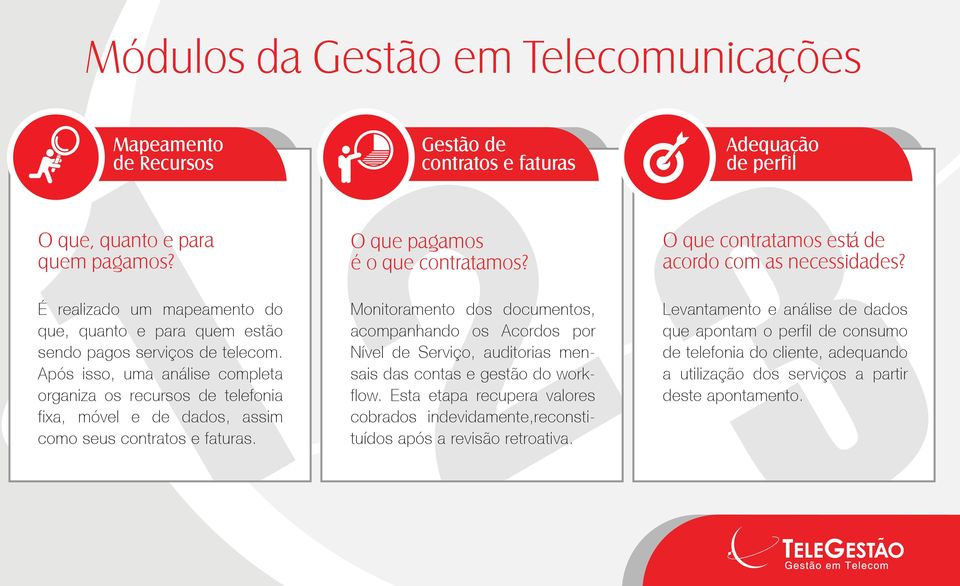 Após isso, uma análise completa organiza os recursos de telefonia fixa, móvel e de dados, assim como seus contratos e faturas. O que pagamos é o que contratamos?