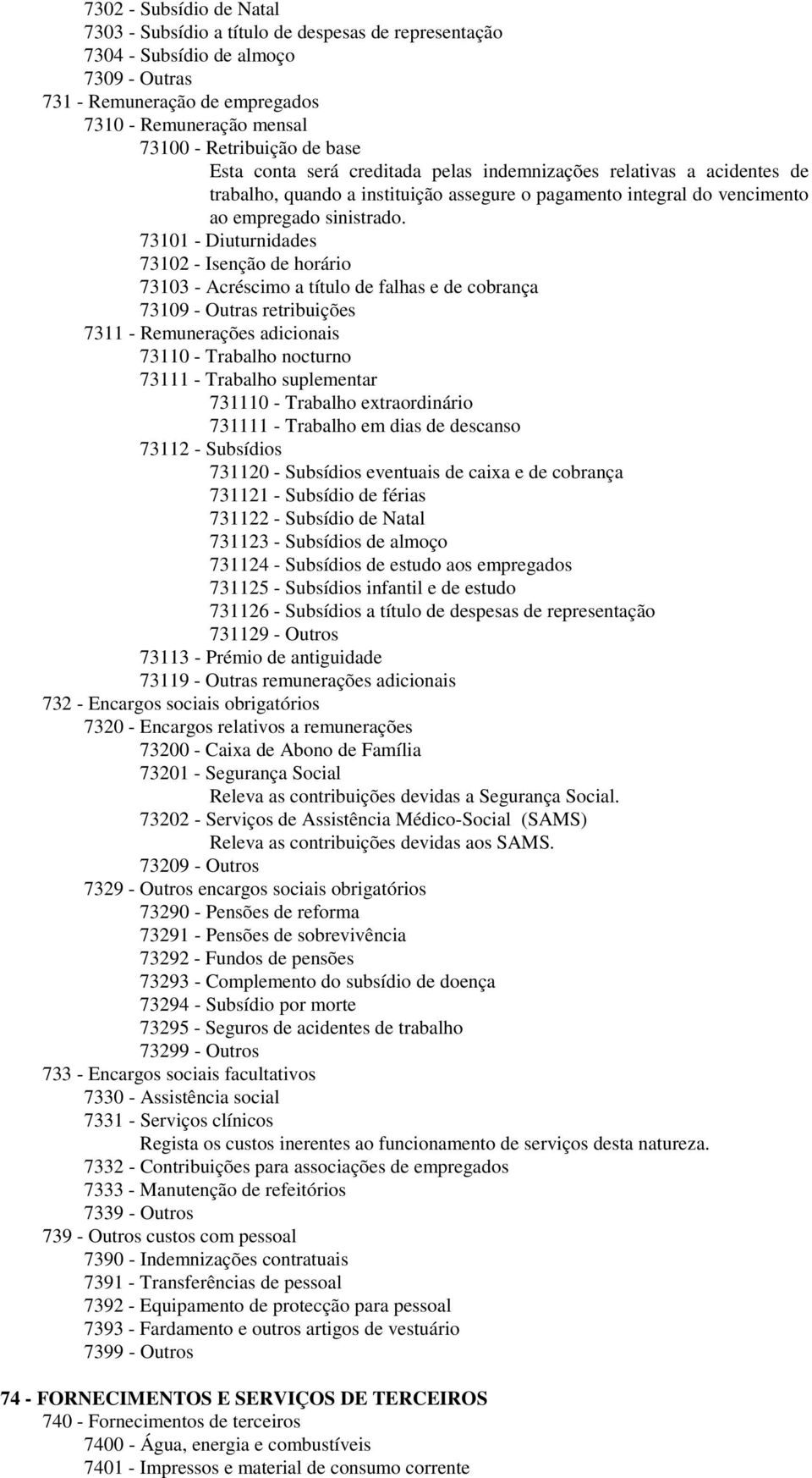 73101 - Diuturnidades 73102 - Isenção de horário 73103 - Acréscimo a título de falhas e de cobrança 73109 - Outras retribuições 7311 - Remunerações adicionais 73110 - Trabalho nocturno 73111 -