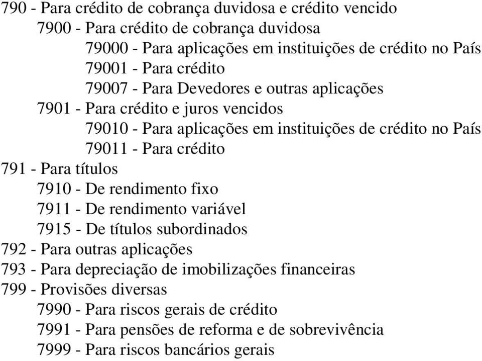 crédito 791 - Para títulos 7910 - De rendimento fixo 7911 - De rendimento variável 7915 - De títulos subordinados 792 - Para outras aplicações 793 - Para depreciação de