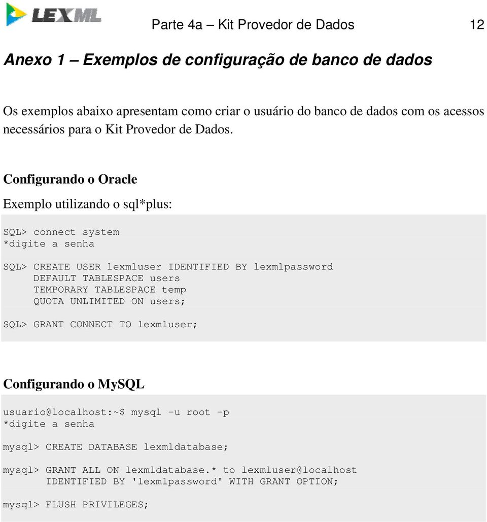 Configurando o Oracle Exemplo utilizando o sql*plus: SQL> connect system *digite a senha SQL> CREATE USER lexmluser IDENTIFIED BY lexmlpassword DEFAULT TABLESPACE users