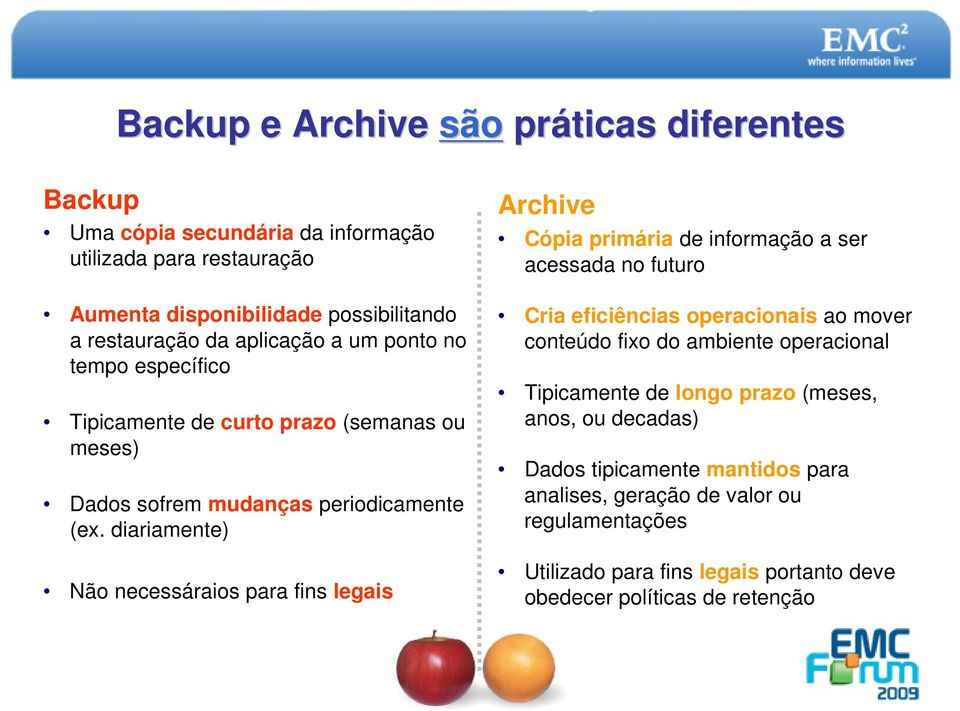 diariamente) Não necessáraios para fins legais Archive Cópia primária de informação a ser acessada no futuro Cria eficiências operacionais ao mover conteúdo fixo do