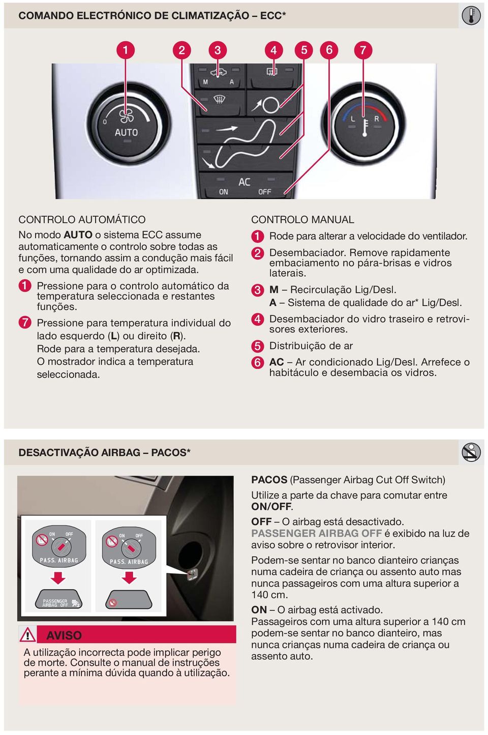 Rode para a temperatura desejada. O mostrador indica a temperatura seleccionada. CONTROLO MANUAL 1 Rode para alterar a velocidade do ventilador. 2 Desembaciador.