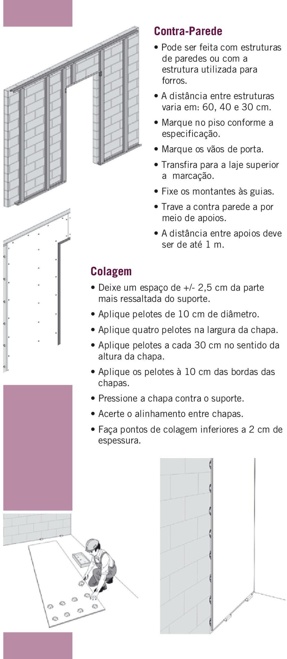 Colagem Deixe um espaço de +/- 2,5 cm da parte mais ressaltada do suporte. Aplique pelotes de 10 cm de diâmetro. Aplique quatro pelotes na largura da chapa.