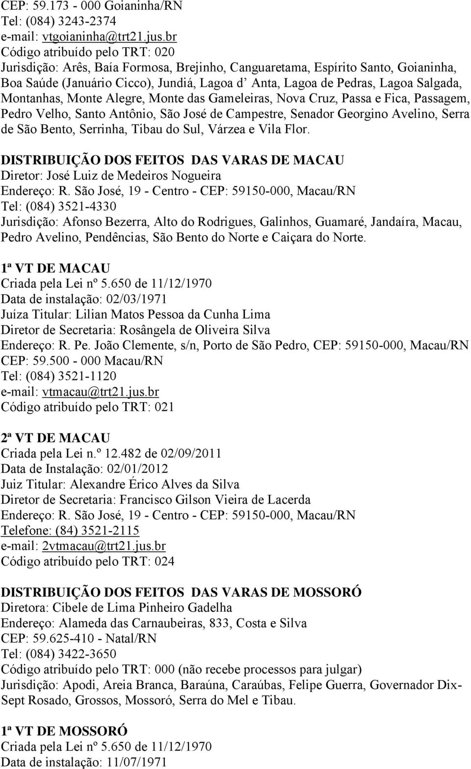 Montanhas, Monte Alegre, Monte das Gameleiras, Nova Cruz, Passa e Fica, Passagem, Pedro Velho, Santo Antônio, São José de Campestre, Senador Georgino Avelino, Serra de São Bento, Serrinha, Tibau do