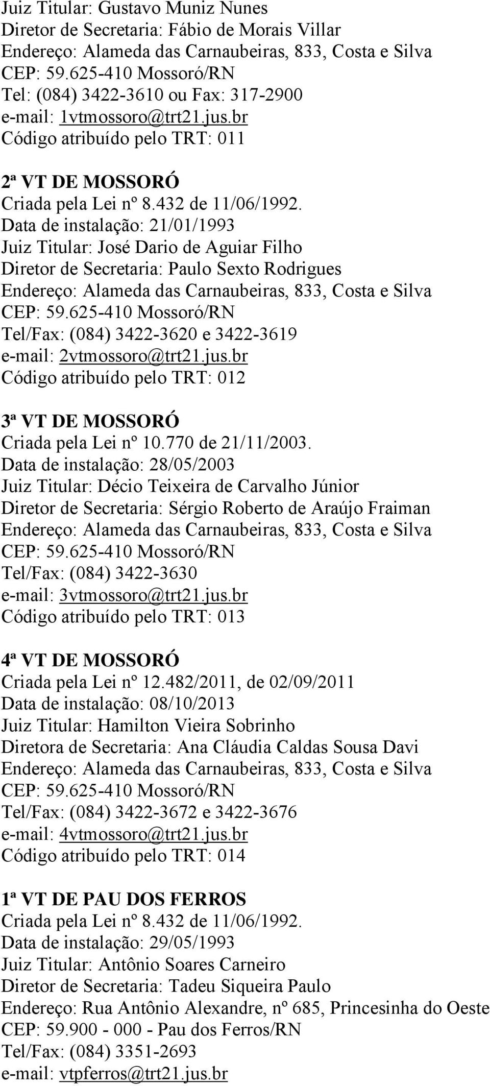 3422-3619 e-mail: 2vtmossoro@trt21.jus.br Código atribuído pelo TRT: 012 3ª VT DE MOSSORÓ Criada pela Lei nº 10.770 de 21/11/2003.