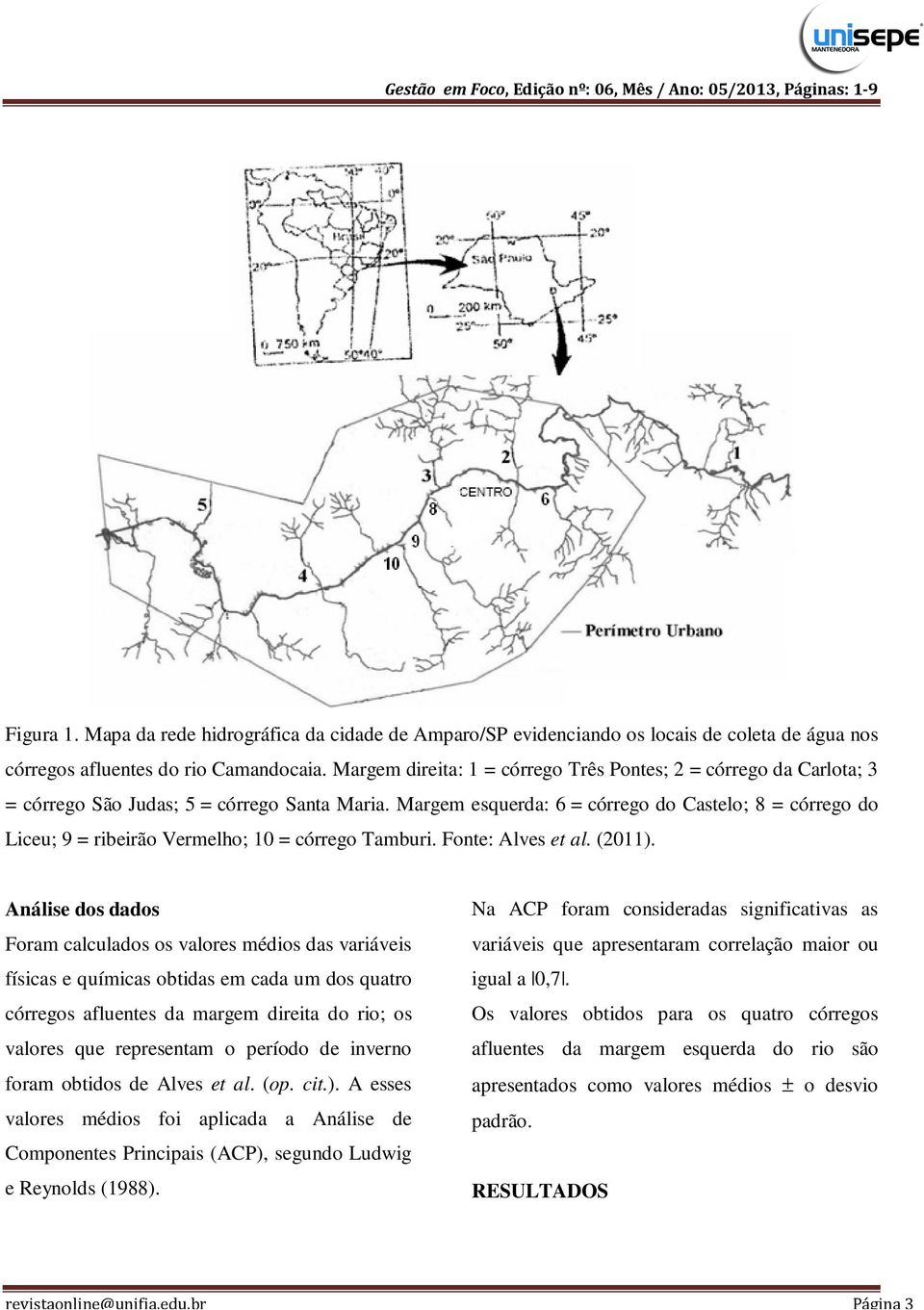 Margem esquerda: 6 = córrego do Castelo; 8 = córrego do Liceu; 9 = ribeirão Vermelho; 10 = córrego Tamburi. Fonte: Alves et al. (2011).