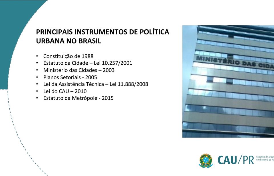 257/2001 Ministério das Cidades 2003 Planos Setoriais - 2005