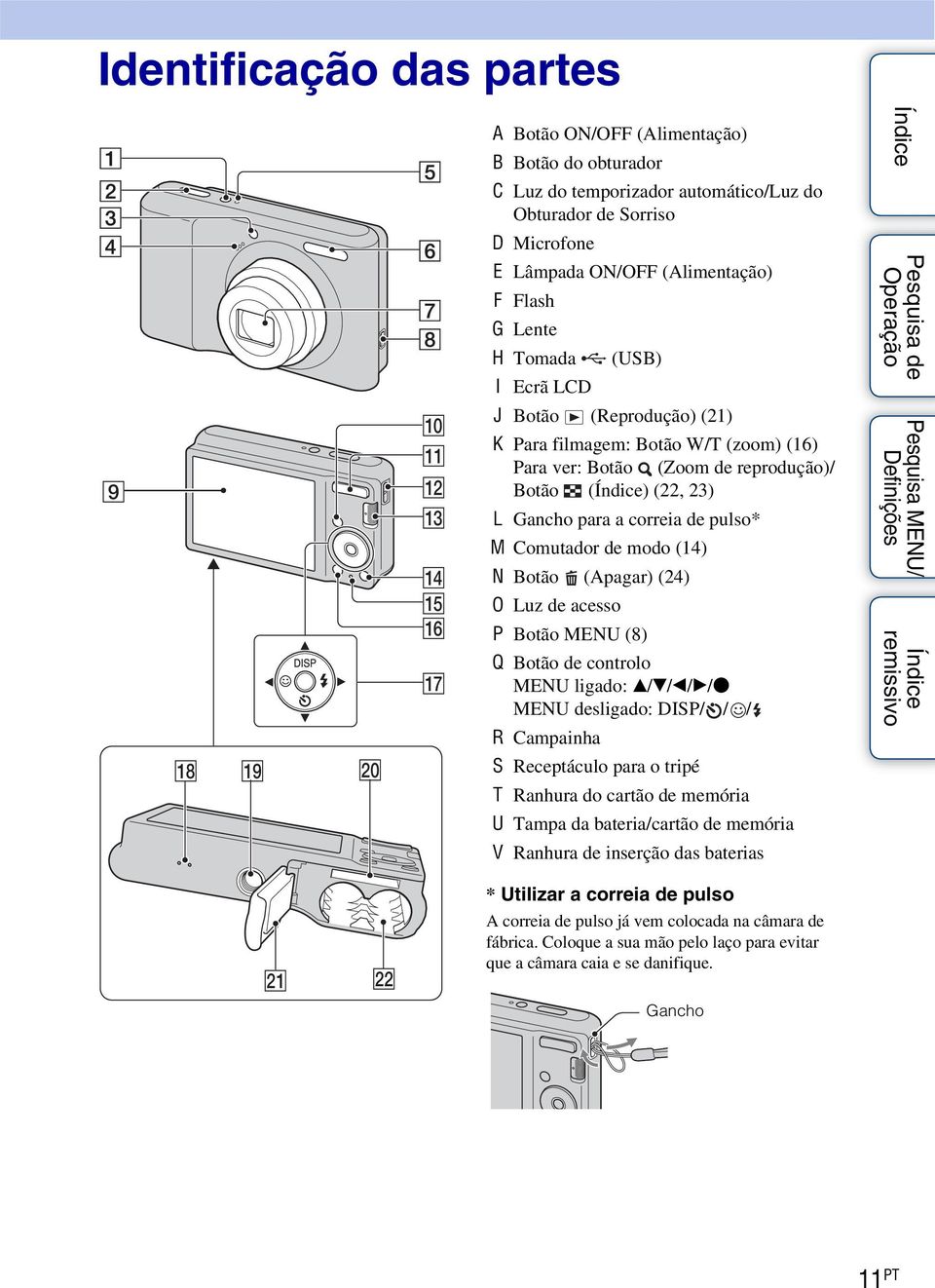 correia de pulso* M Comutador de modo (14) N Botão (Apagar) (24) O Luz de acesso P Botão MENU (8) Q Botão de controlo MENU ligado: v/v/b/b/z MENU desligado: DISP/ / / R Campainha S Receptáculo para o