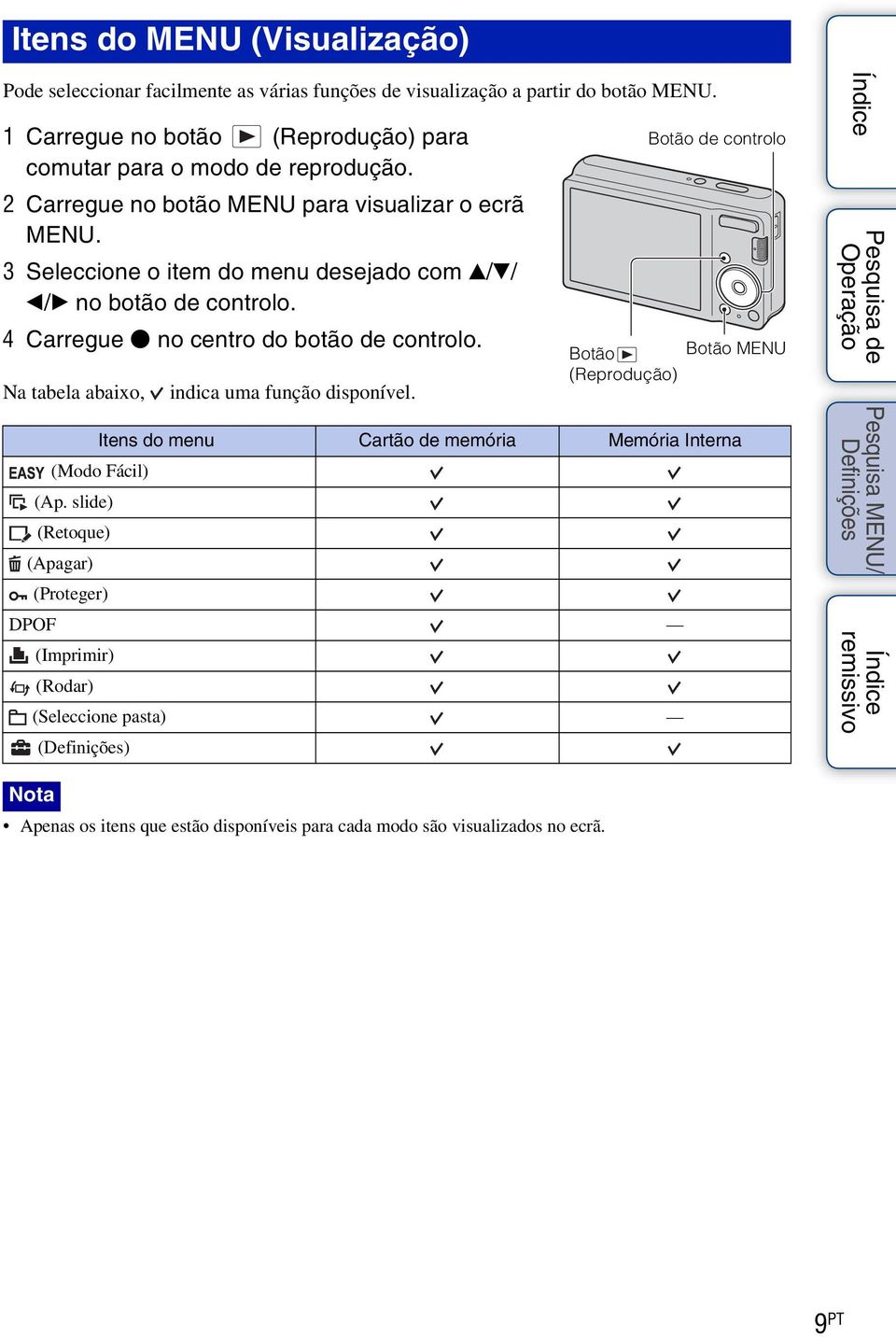 3 Seleccione o item do menu desejado com v/v/ b/b no botão de controlo. 4 Carregue z no centro do botão de controlo. Na tabela abaixo, indica uma função disponível.