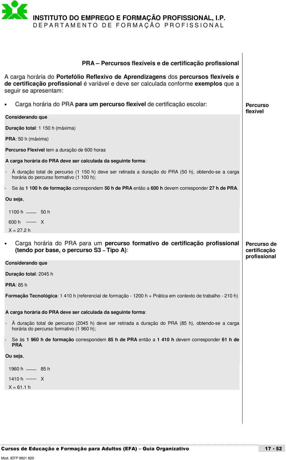 (máxima) Percurso Flexível tem a duração de 600 horas A carga horária do PRA deve ser calculada da seguinte forma: - À duração total de percurso (1 150 h) deve ser retirada a duração do PRA (50 h),