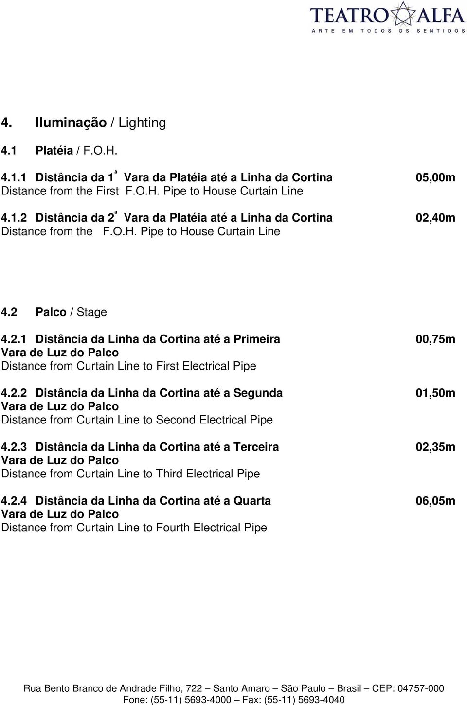 2.3 Distância da Linha da Cortina até a Terceira 02,35m Vara de Luz do Palco Distance from Curtain Line to Third Electrical Pipe 4.2.4 Distância da Linha da Cortina até a Quarta 06,05m Vara de Luz do Palco Distance from Curtain Line to Fourth Electrical Pipe