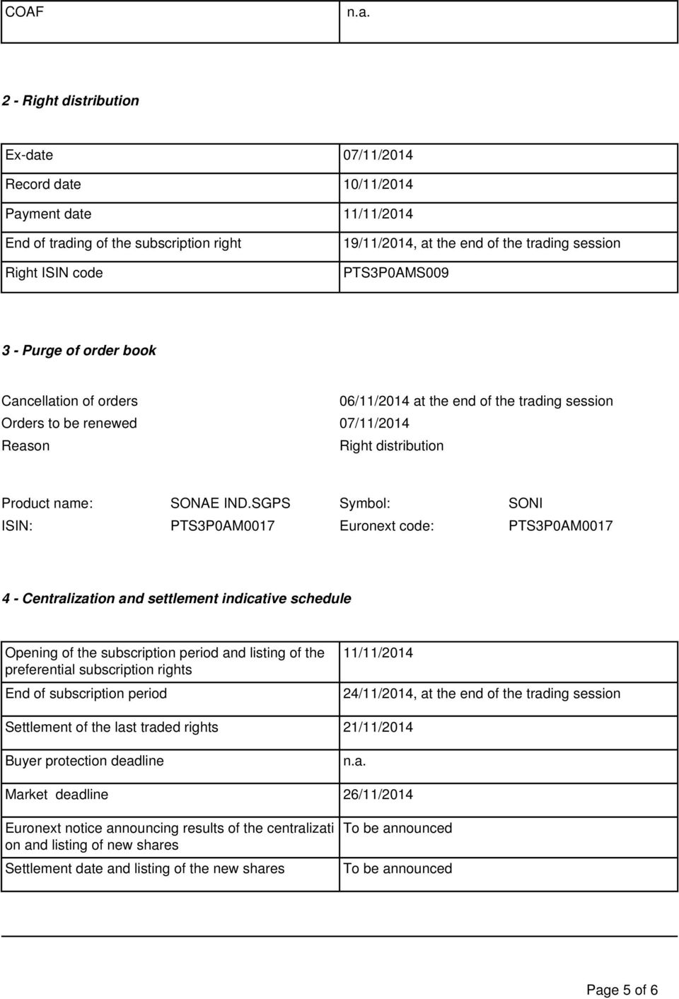 PTS3P0AMS009 3 - Purge of order book Cancellation of orders 06/11/2014 at the end of the trading session Orders to be renewed 07/11/2014 Reason Right distribution Product name: SONAE IND.