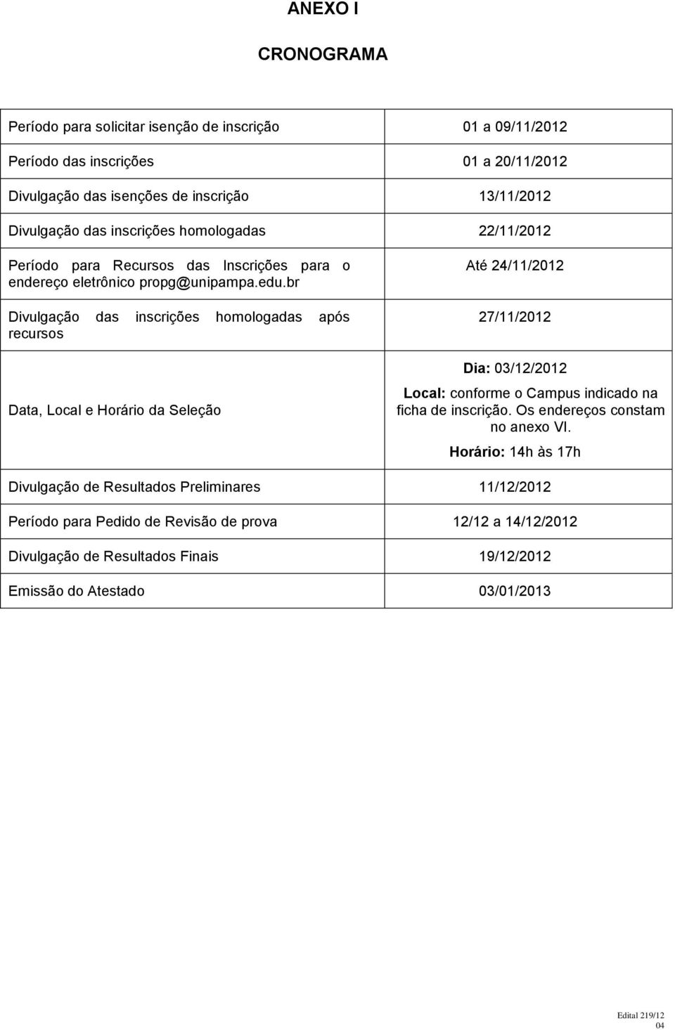 br Divulgação das inscrições homologadas após recursos Data, Local e Horário da Seleção Até 24/11/2012 27/11/2012 Dia: 03/12/2012 Local: conforme o Campus indicado na ficha de