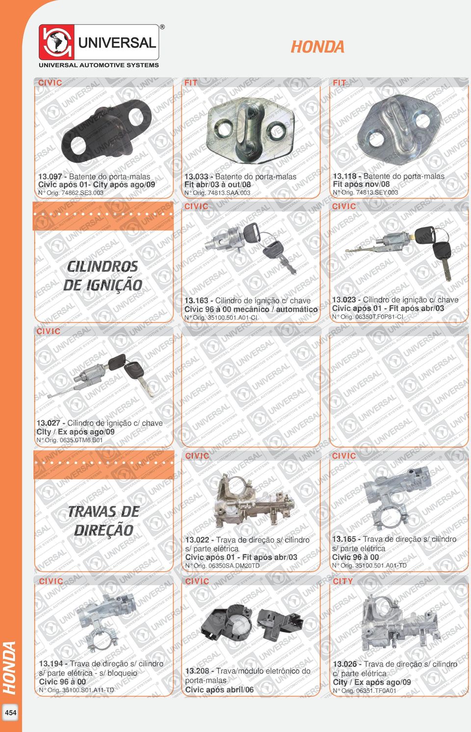 F0P81-CI 13.027 - Cilindro de ignição City / Ex após ago/09 N Orig. 0635.0TM6.B01 TRAVAS DE DIREÇÃO 13.022 - Trava de direção s/ cilindro s/ parte elétrica Civic após 01 - Fit após abr/03 N Orig.