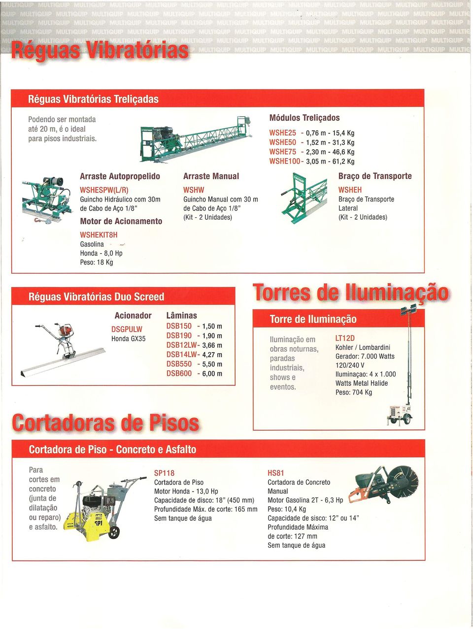 (Kit - 2 Unidades) Módulos Treliçados WSHE25-0,76 m - 15,4 Kg WSHE50-1,52 m - 31,3 Kg WSHE75-2,30 m - 46,6 Kg WSHE1 00-3,05 m - 61,2 Kg Braço de Transporte WSHEH Braço de Transporte Lateral (Kit - 2