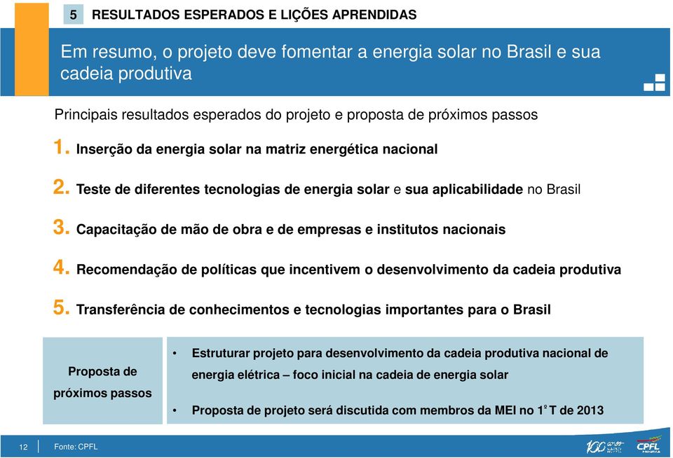 Capacitação de mão de obra e de empresas e institutos nacionais 4. Recomendação de políticas que incentivem o desenvolvimento da cadeia produtiva 5.