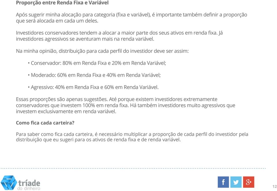 Na minha opinião, distribuição para cada perfil do investidor deve ser assim: Conservador: 80% em Renda Fixa e 20% em Renda Variável; Moderado: 60% em Renda Fixa e 40% em Renda Variável; Agressivo: