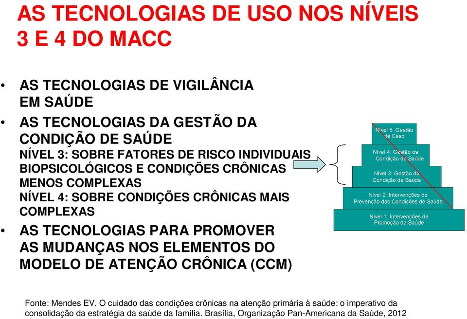 TECNOLOGIAS PARA PROMOVER AS MUDANÇAS NOS ELEMENTOS DO MODELO DE ATENÇÃO CRÔNICA (CCM) MENOS Fonte: Mendes EV.