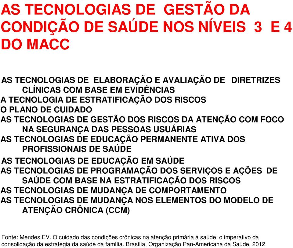 EDUCAÇÃO EM SAÚDE AS TECNOLOGIAS DE PROGRAMAÇÃO DOS SERVIÇOS E AÇÕES DE SAÚDE COM BASE NA ESTRATIFICAÇÃO DOS RISCOS AS TECNOLOGIAS DE MUDANÇA DE COMPORTAMENTO AS TECNOLOGIAS DE MUDANÇA NOS ELEMENTOS