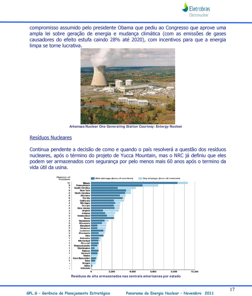 Arkansas Nuclear One Generating Station Courtesy: Entergy Nuclear Resíduos Nucleares Continua pendente a decisão de como e quando o país resolverá a questão dos resíduos