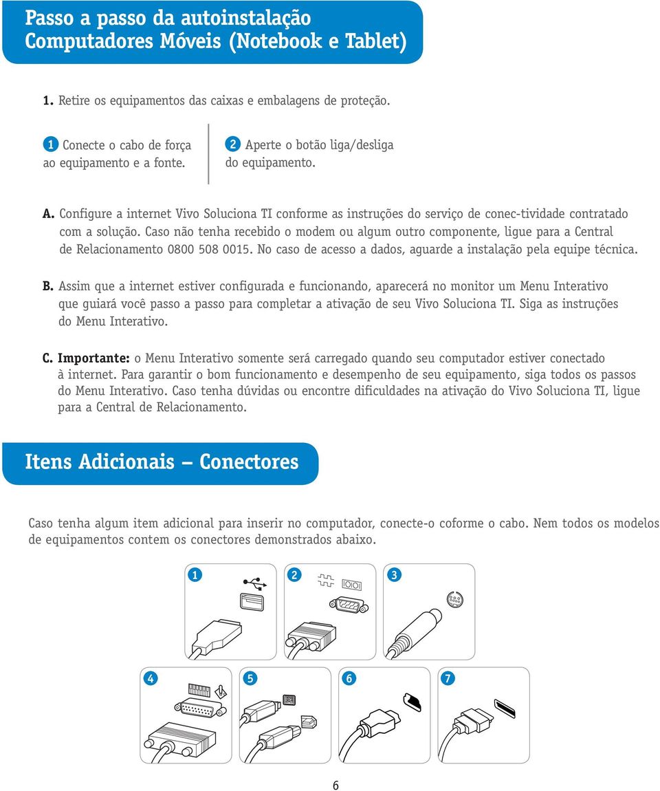 Caso não tenha recebido o modem ou algum outro componente, ligue para a Central de Relacionamento 0800 508 0015. No caso de acesso a dados, aguarde a instalação pela equipe técnica. B.