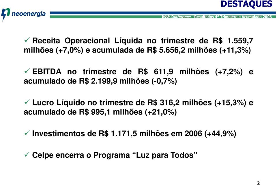 199,9 milhões (-0,7%) Lucro Líquido no trimestre de R$ 316,2 milhões (+15,3%) e acumulado de R$ 995,1