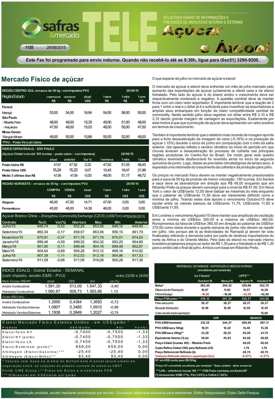 Usina ÍNDIC CPA/SALQ - SÃO PAULO tanol Mercado Físico stados Unidos - em US$/galão * Produto US$/Galão Ant Var(% ) tanol físico NY -0,7400-0,7500-1,33 tanol NY (porto) -0,7400-0,7500-1,33 tanol