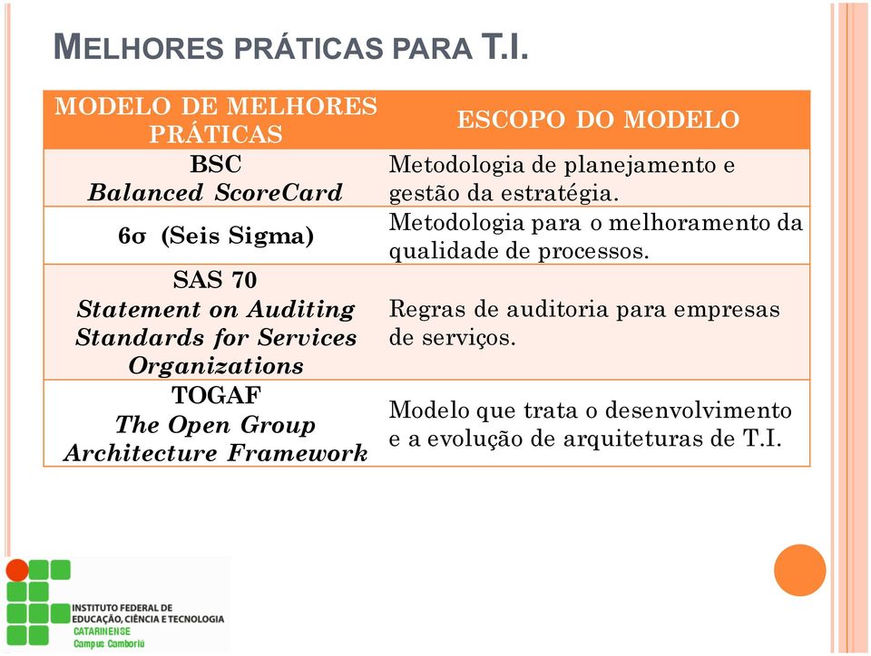 MODELO DE AS BSC Balanced ScoreCard 6σ (Seis Sigma) SAS 70 Statement on Auditing Standards for Services