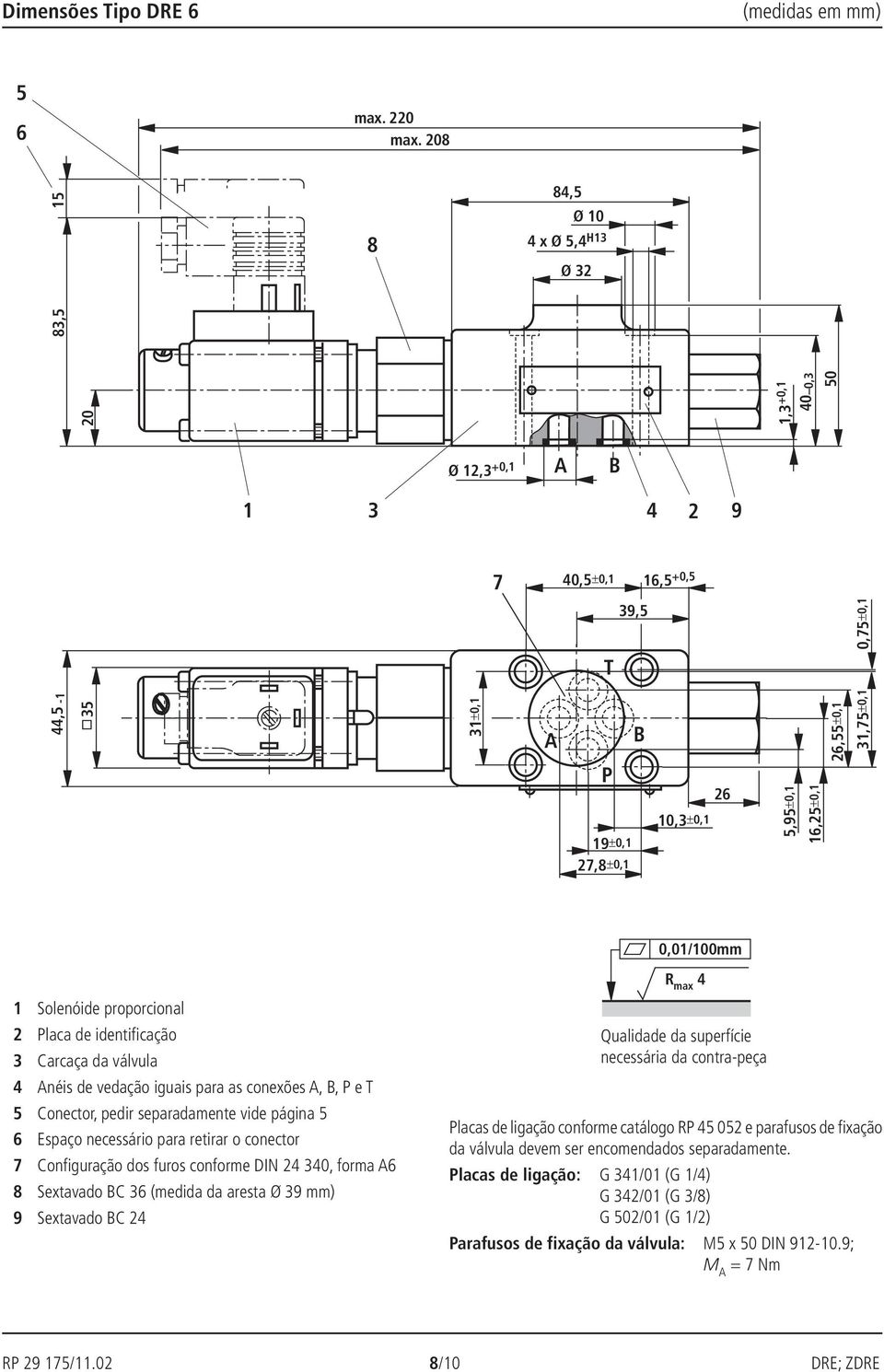 Solenóide proporcional 2 Placa de identificação 3 Carcaça da válvula Anéis de vedação iguais para as conexões A, B, P e T 5 Conector, pedir separadamente vide página 5 6 Espaço necessário para