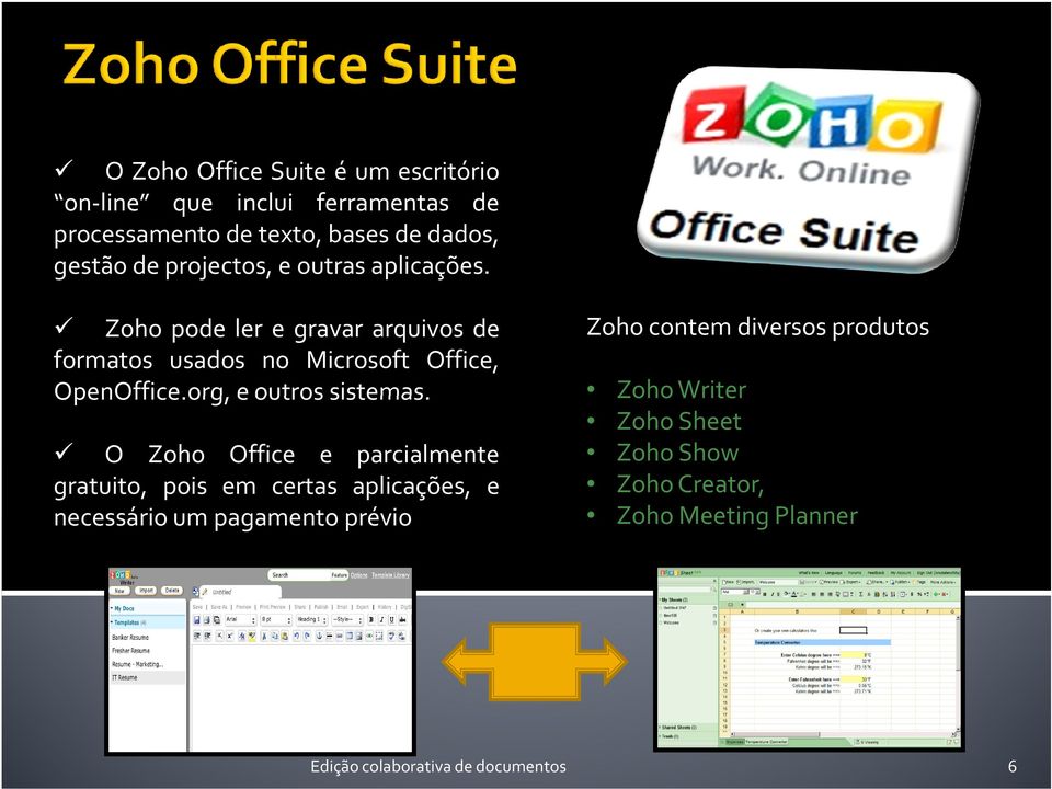 Zoho pode ler e gravar arquivos de formatos usados no Microsoft Office, OpenOffice.org, e outros sistemas.