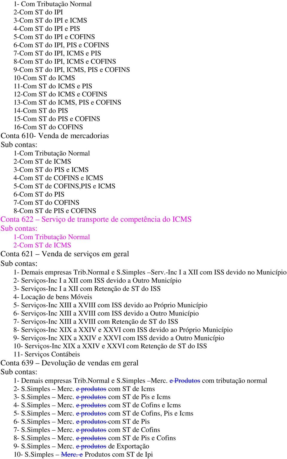 ST de e 5-Com ST de,pis e 6-Com ST do PIS 7-Com ST do 8-Com ST de PIS e Conta 622 Serviço de transporte de competência do 1-Com Tributação Normal 2-Com ST de Conta 621 Venda de serviços em geral 1-