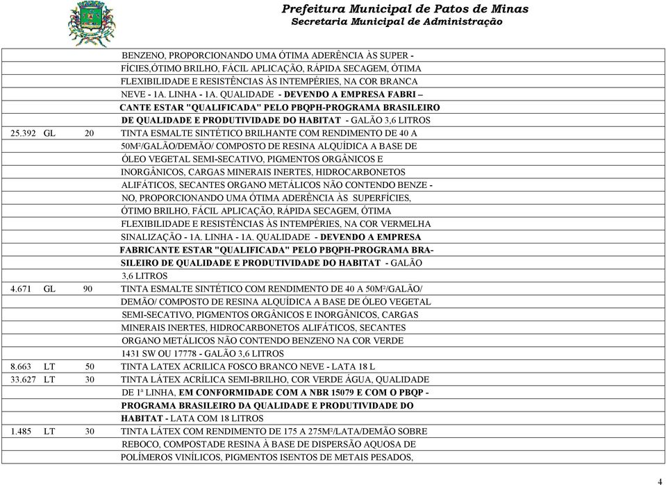 392 GL 20 TINTA ESMALTE SINTÉTICO BRILHANTE COM RENDIMENTO DE 40 A ALIFÁTICOS, SECANTES ORGANO METÁLICOS NÃO CONTENDO BENZE - NO, PROPORCIONANDO UMA ÓTIMA ADERÊNCIA ÀS SUPERFÍCIES, ÓTIMO BRILHO,