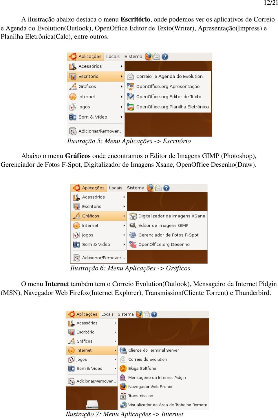 12/21 Ilustração 5: Menu Aplicações > Escritório Abaixo o menu Gráficos onde encontramos o Editor de Imagens GIMP (Photoshop), Gerenciador de Fotos F Spot, Digitalizador de