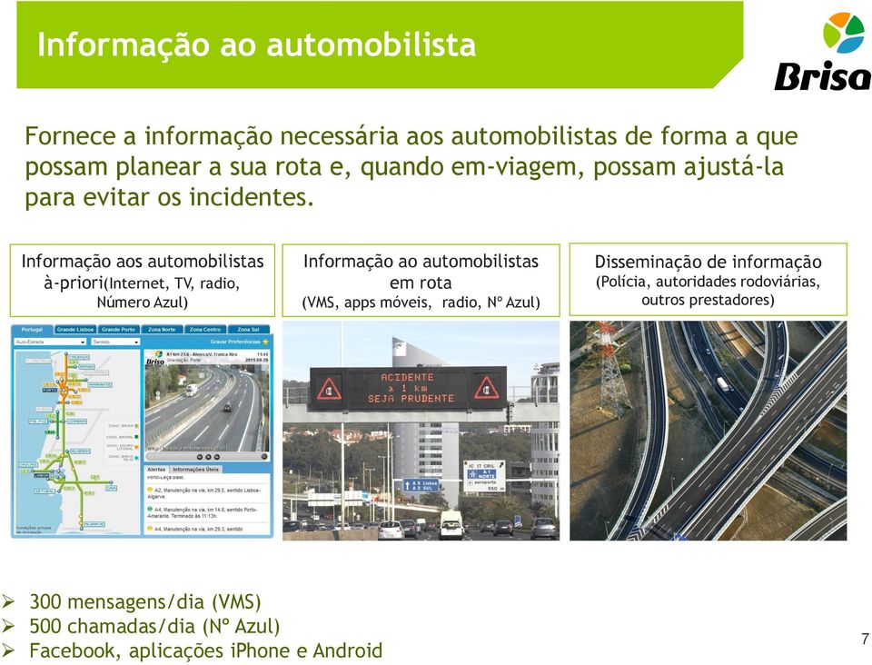 Informação aos automobilistas à-priori(internet, TV, radio, Número Azul) Informação ao automobilistas em rota (VMS, apps